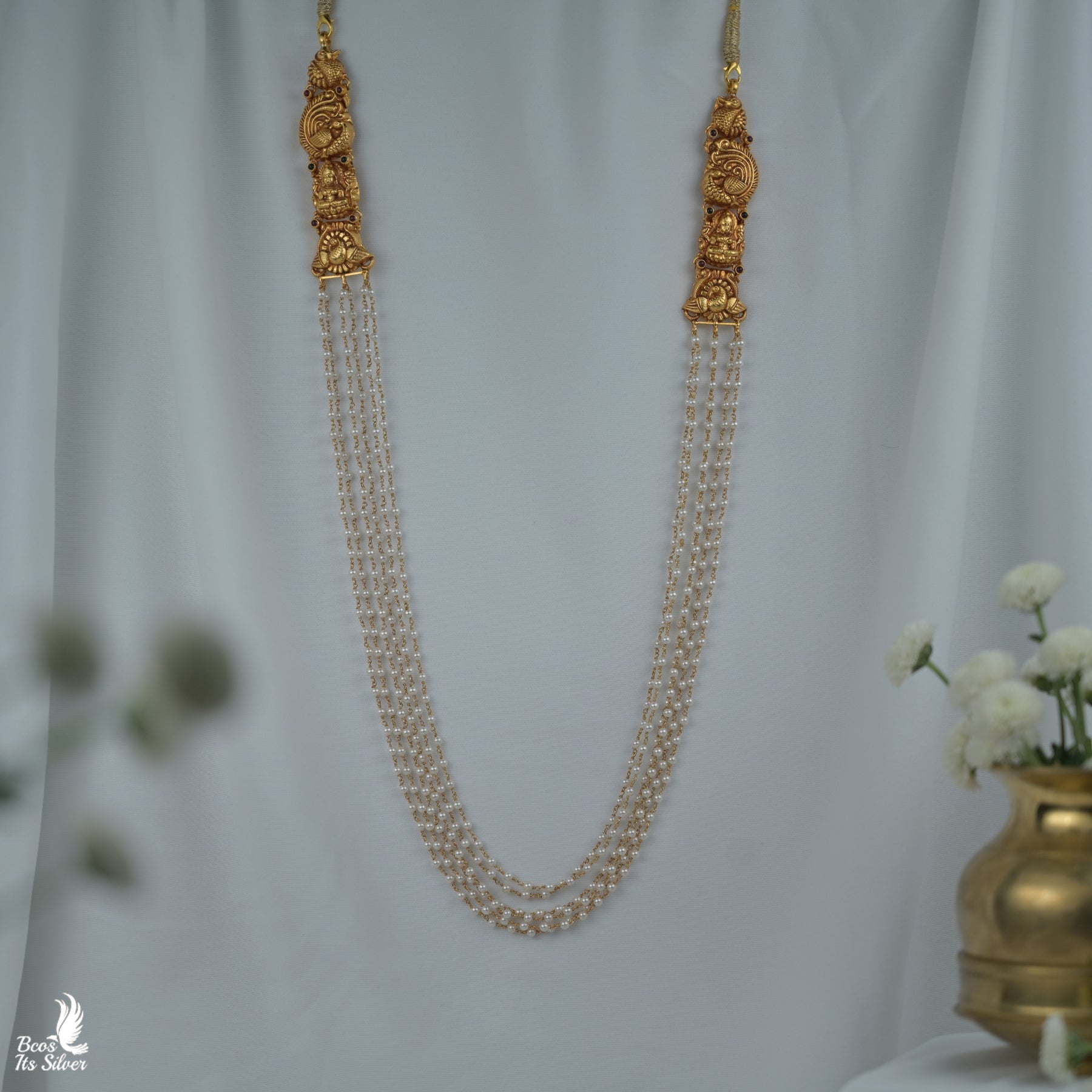 Pure Silver 92.5 Gold Plated 6 layer Pearls Haram - 8264